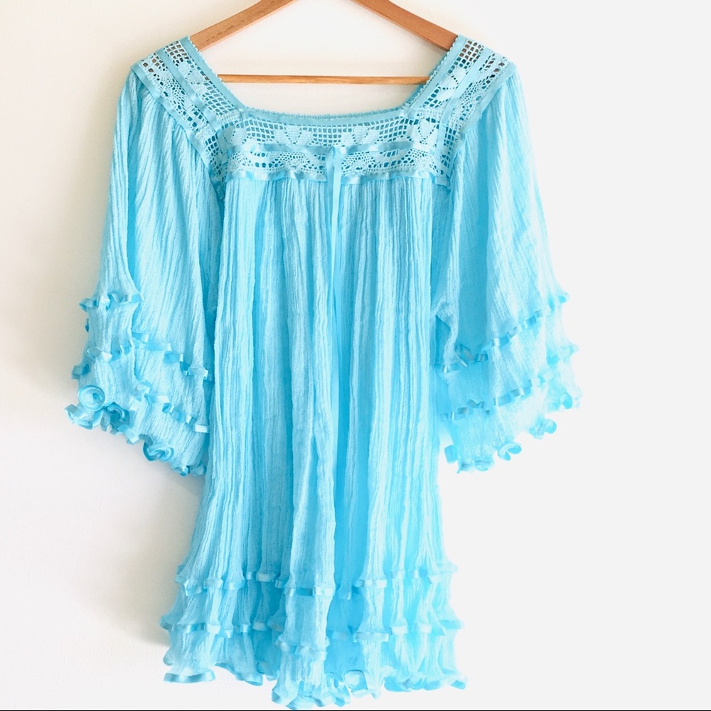 Mexican gauze Mini Dress Boho Blouse Angel Sleeves